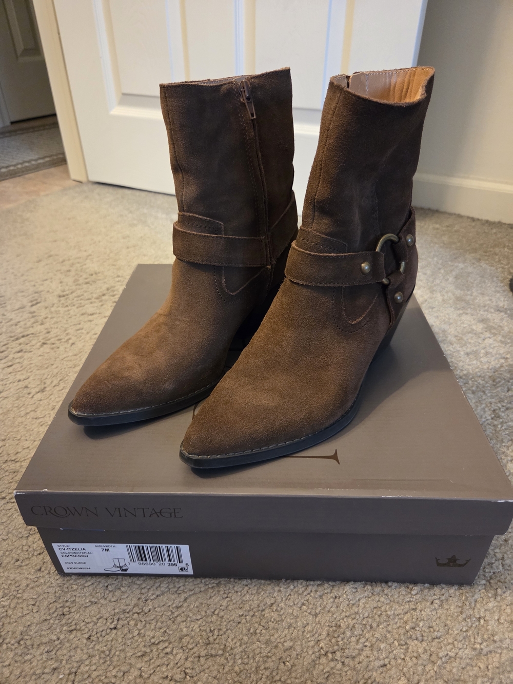 Crown Vintage Brown Suede Pointed Harness Ankle Boots